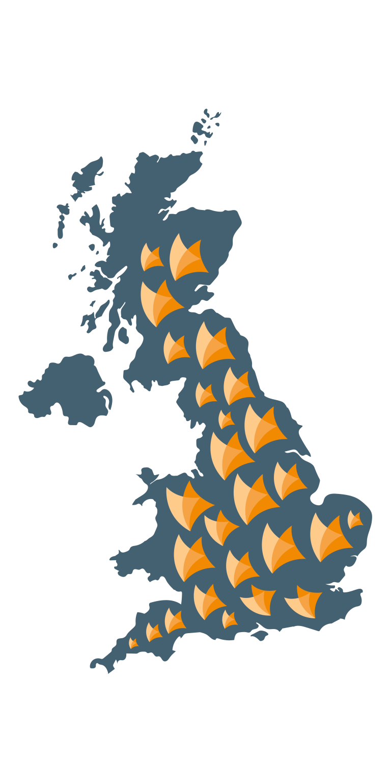 Map of the UK dotted with orange house markers
